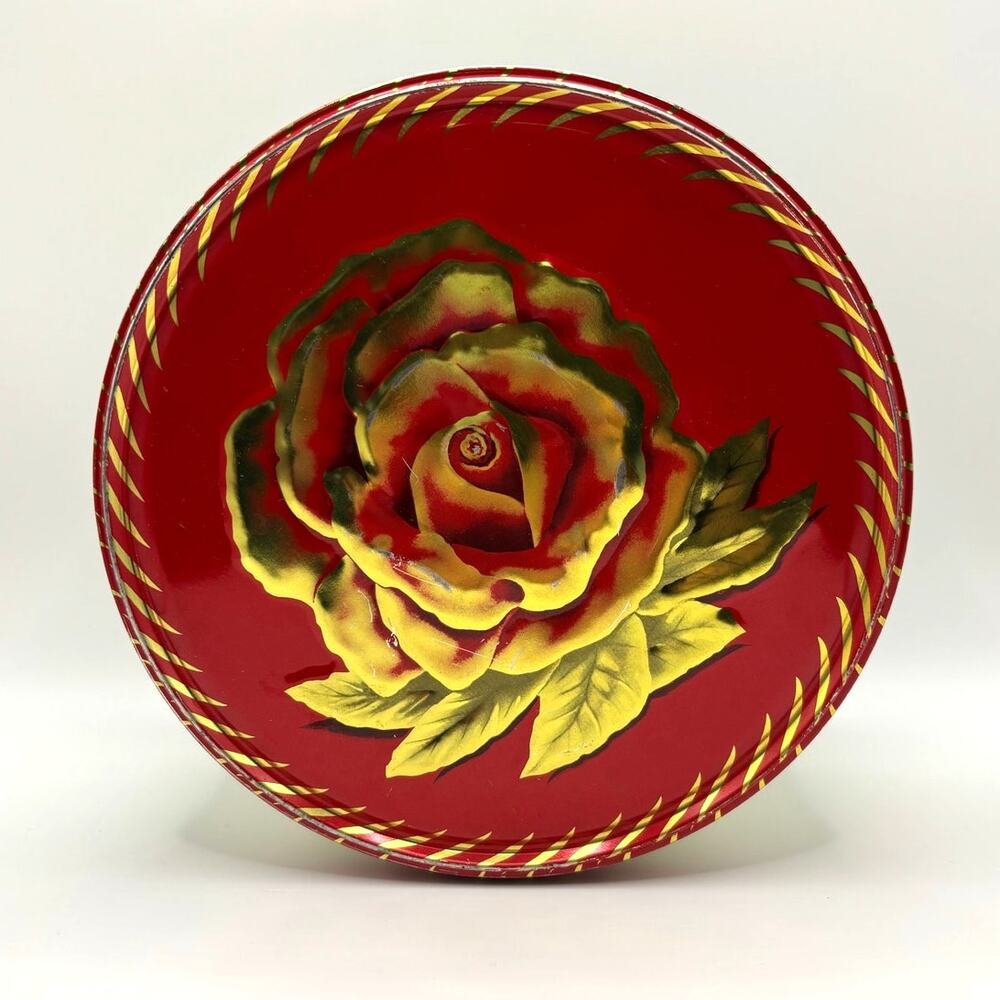 VTG 1950's Shirley Jean Fruit Cake Tin, Red, Gold, Rose, Excellent Condition